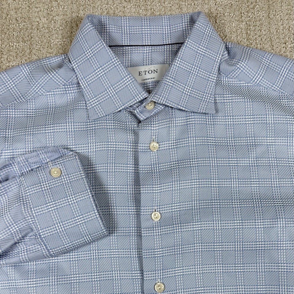 Eton Contemporary Men's 17/43 Blue Check Long Sleeve Button Up Shirt